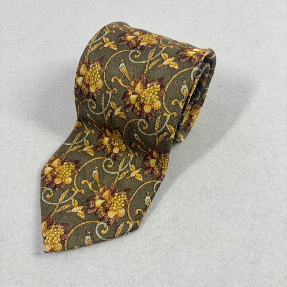 Ermenegildo Zegna Silk Mens Tie Floral Green Gold Italy Old Money 3.5"x59" FLAW - Picture 2 of 10